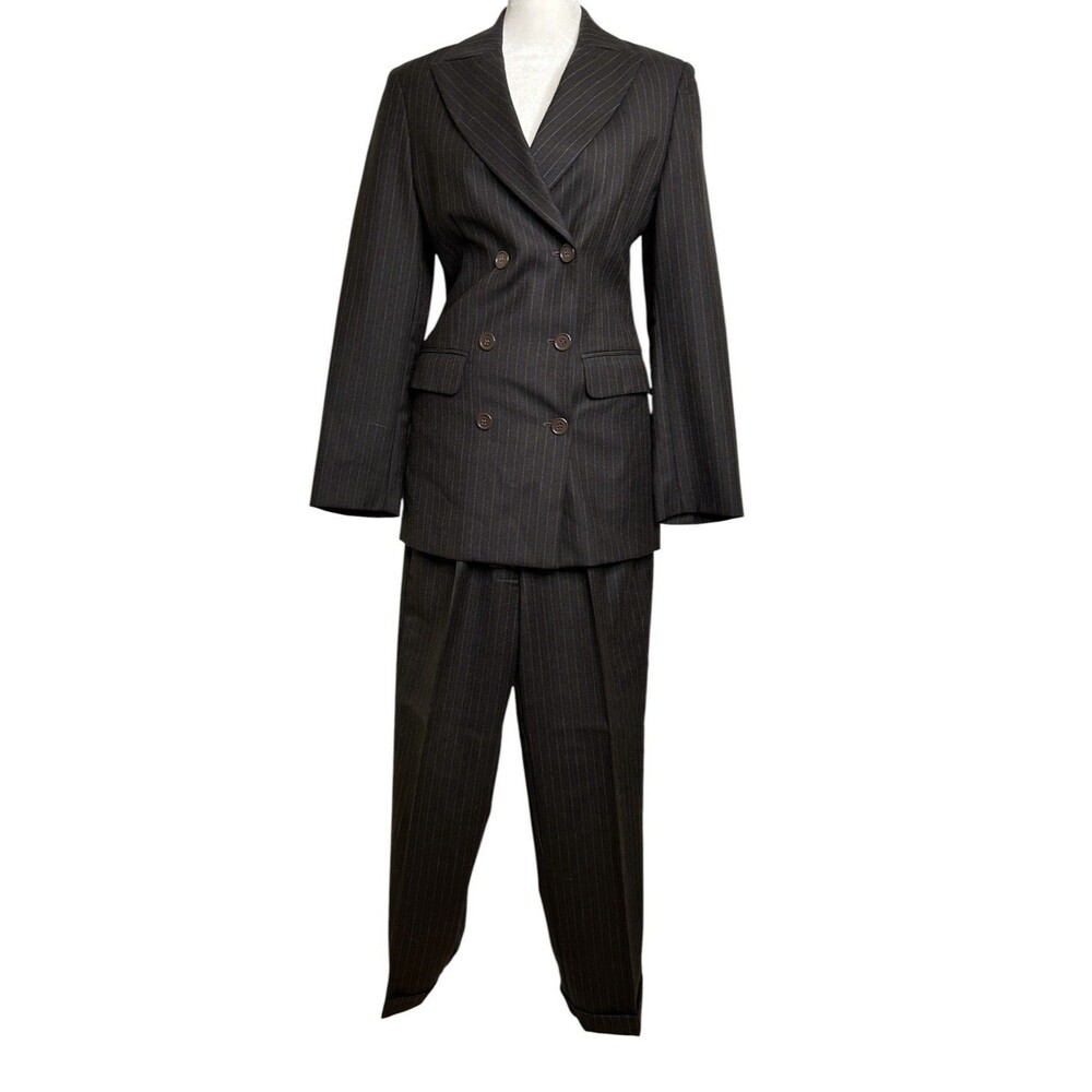 Wool Double Breasted Pant Suit Italian Made Sz 38 US 2 Brown Pinstripe Career